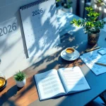 Bureaukalender met 2026 en aflopend zandloper naast checklijsten op modern ergonomisch bureau met natuurlijk licht