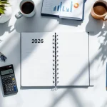 Bovenaanzicht van moderne werkplek met open 2026-planner, calculator, pennen en koffie voor strategische planning


```
Character count: 119
```