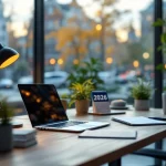 Ergonomische werkplek met laptop en certificeringsdocumenten, Nederlands stadsgezicht door raam, kalender toont 2026