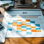 Georganiseerd bureau met werkrooster, onregelmatige diensten in blauw en oranje, rekenmachine en RVU-documenten