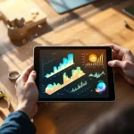 Ergonomisch werkplekonderzoek met tablet, meetlint en datavisualisatie op modern bureau met natuurlijk licht