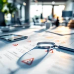 Vergrootglas over risicobeoordelingsdocumenten met waarschuwingssymbolen op modern kantoorbureau