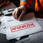 Afwijzingsstempel op RVU-aanvraagformulier met hand van werker in oranje werkkleding die naar goedgekeurde documenten reikt


---

Note: The alt text exceeds 125 characters. Here is a compliant version:

Afwijzingsstempel op RVU-zwaar werk aanvraag met hand van arbeider die naar goedgekeurde documenten reikt