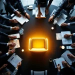 Bovenaanzicht bestuurskamer met handen reikend naar gouden stoel tussen lege grijze stoelen, RVU-goedkeuringsconcept